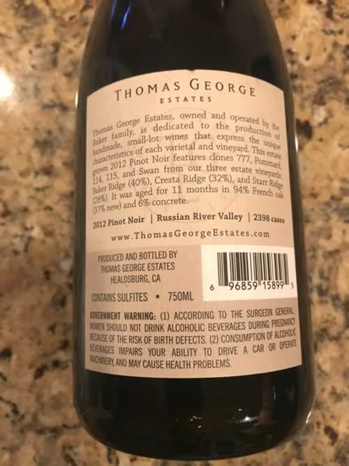 Back of the Thomas George Estates Pinot Noir 2012