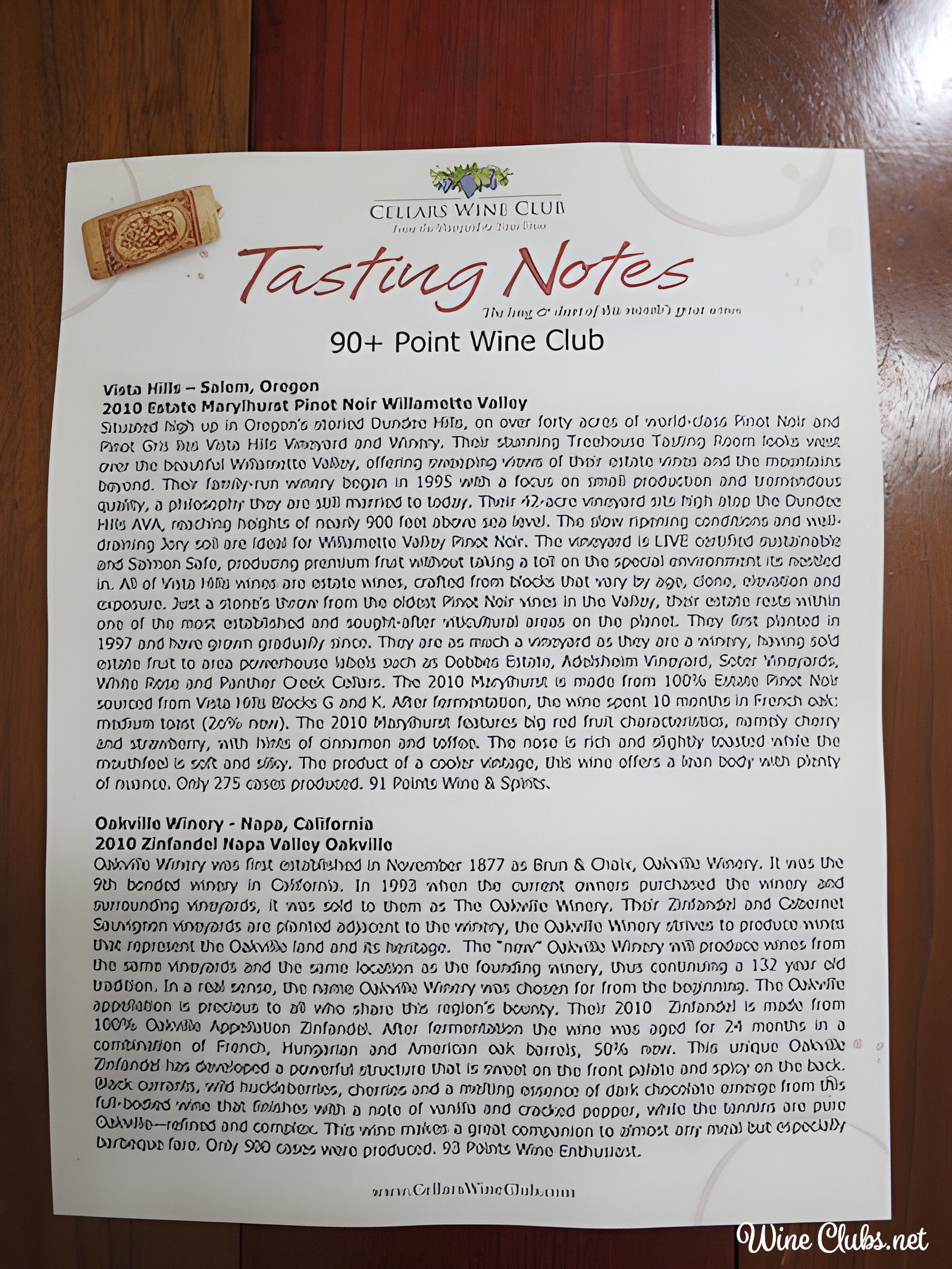 cellars wine club wine tasting notes
