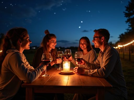 drinking wine night time winery